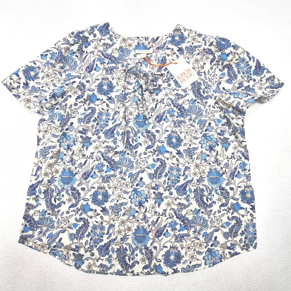 Knox Rose Blouse Womens Large Blue Floral Paisley Tie Neck Cotton Boho Top NWT
